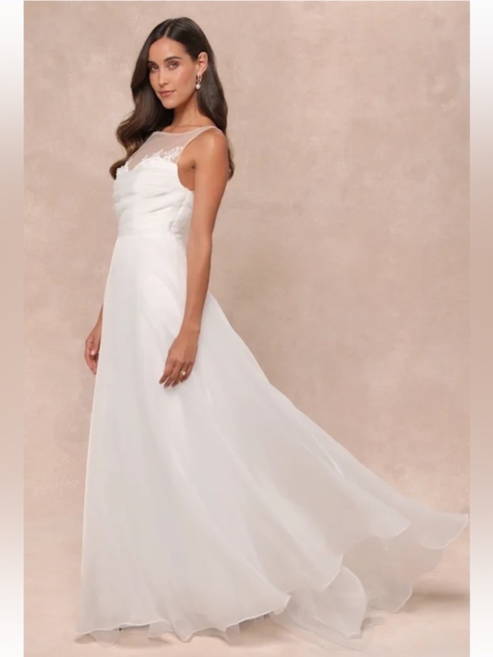 NWT Lulus Yours for Eternity White Organza Embroidered Pleated Maxi Dress